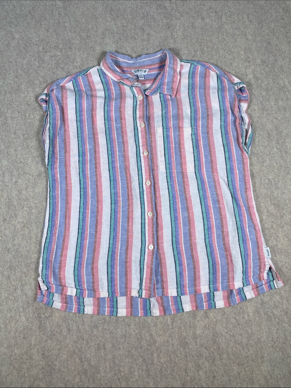 Orvis Linen Blend Striped Button Front Shirt Pink Blue Green Size M
